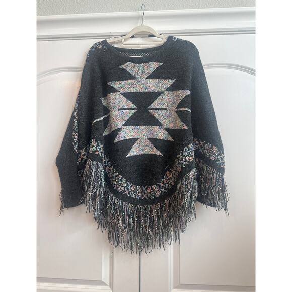Southwestern Knitted Dark Gray with Pastel Aztec Tribal Design and Fringe Pancho - Picture 3 of 6